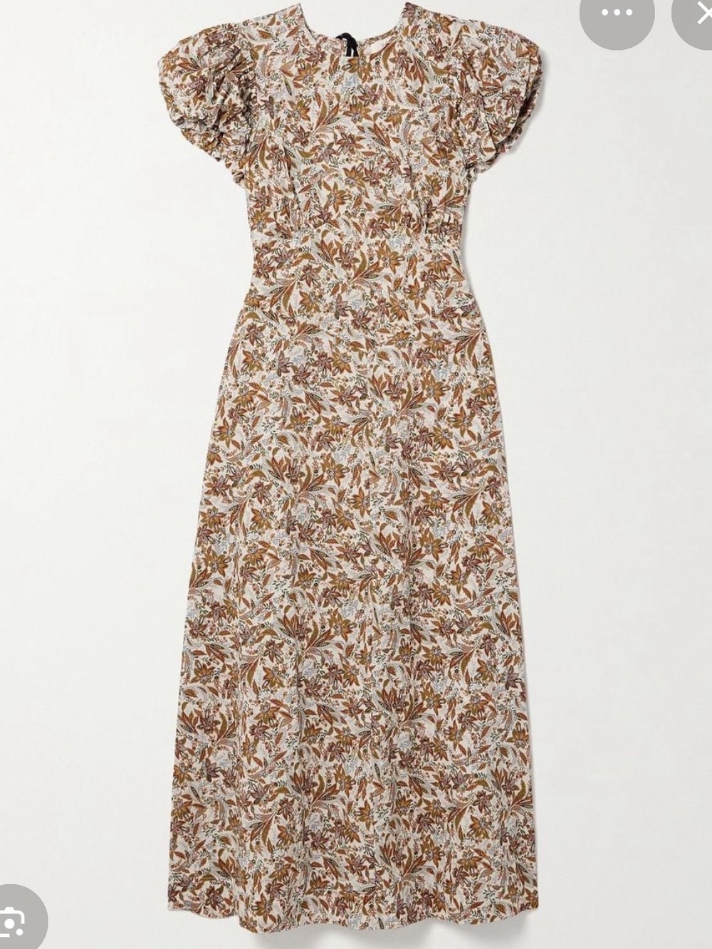 Doen Rhodia Dress - Floral Puff-Sleeve Midi Dress in Cream and Brown (L)